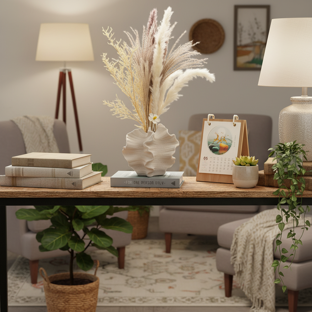 Petal Waves Porcelain Vase styled on a shelf in a cozy living room