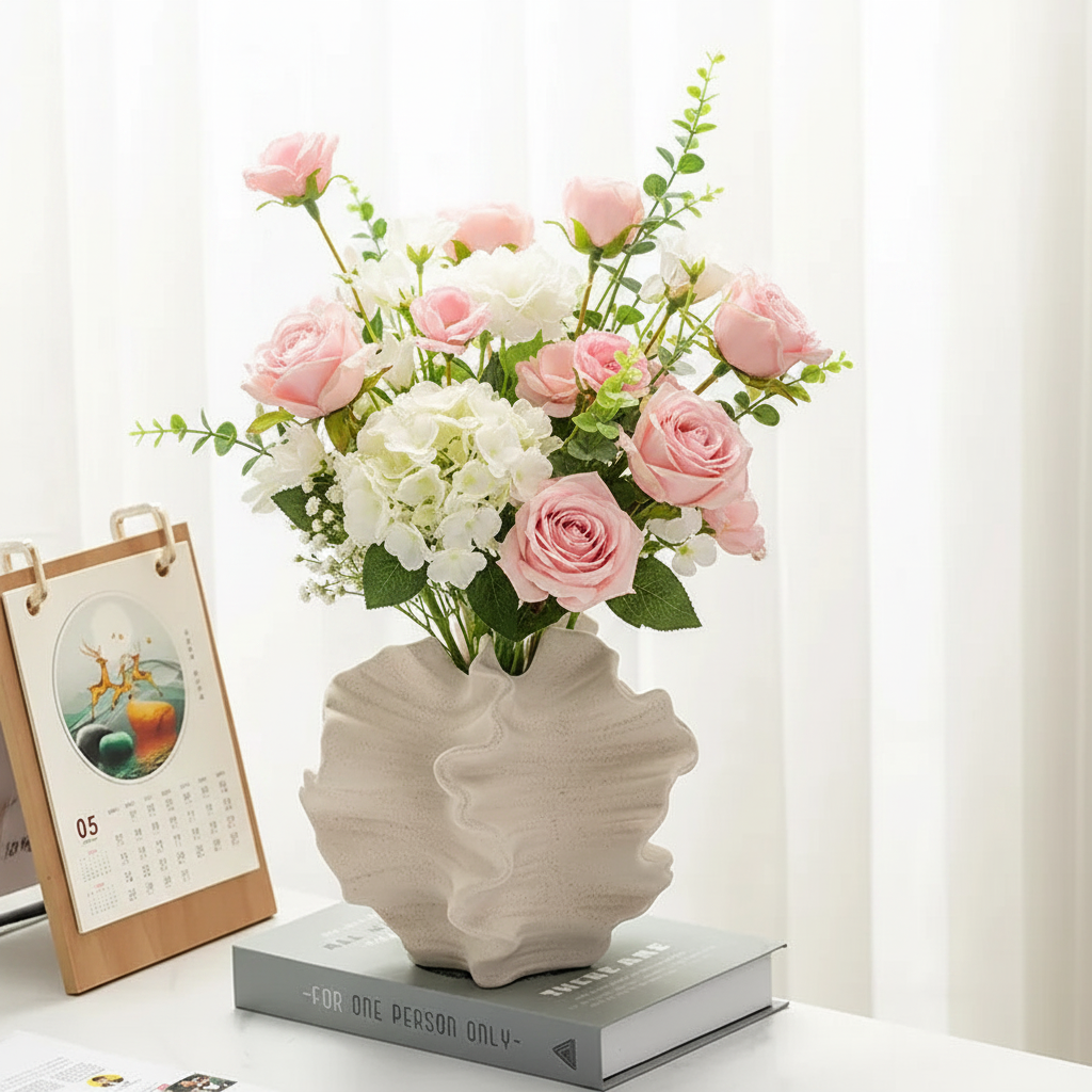 Petal Waves Porcelain Vase with pink and white flowers on marble countertop